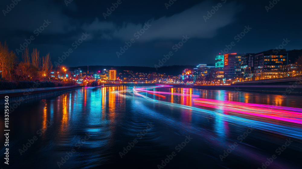Fototapeta premium A stunning futuristic cityscape at night with neon lights and flowing light trails in water reflections.