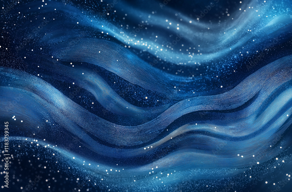 Obraz premium Abstract blue digital background with glowing particles and dots on a dark, wavy surface