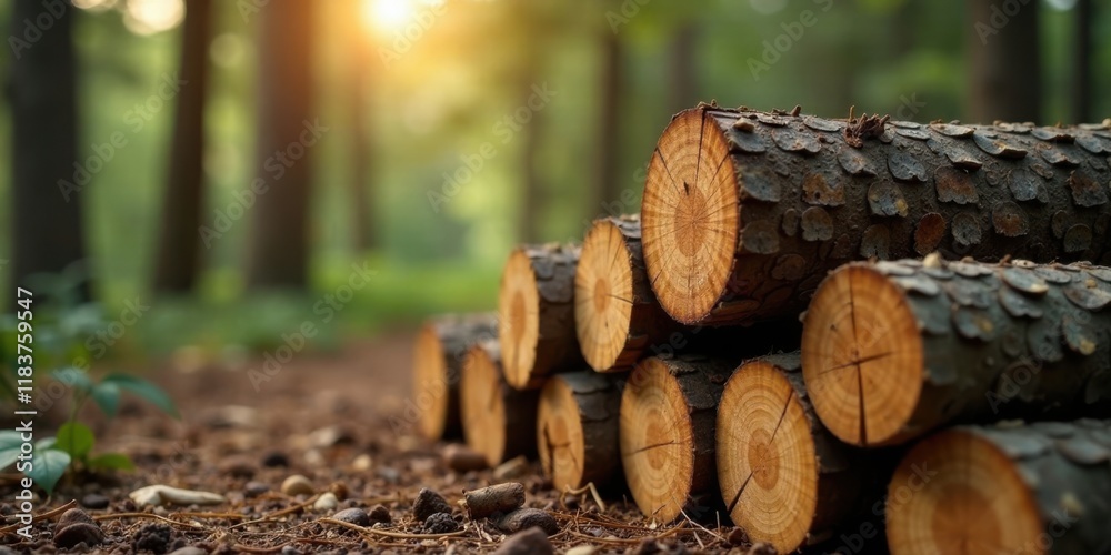 Stack of Wooden Logs in a Forest Setting at Sunset