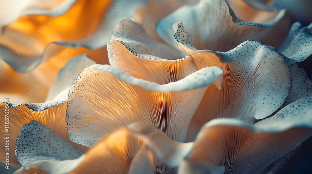 Close-up of oyster mushrooms with soft, warm lighting, showcasing their delicate texture and gills. Close-up of oyster mushrooms with soft, warm lighting, showcasing their delicate texture and gills.