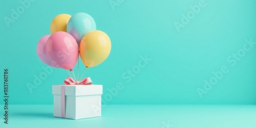 Pastel Balloons Ascend Above a Gift Box on Teal Background
