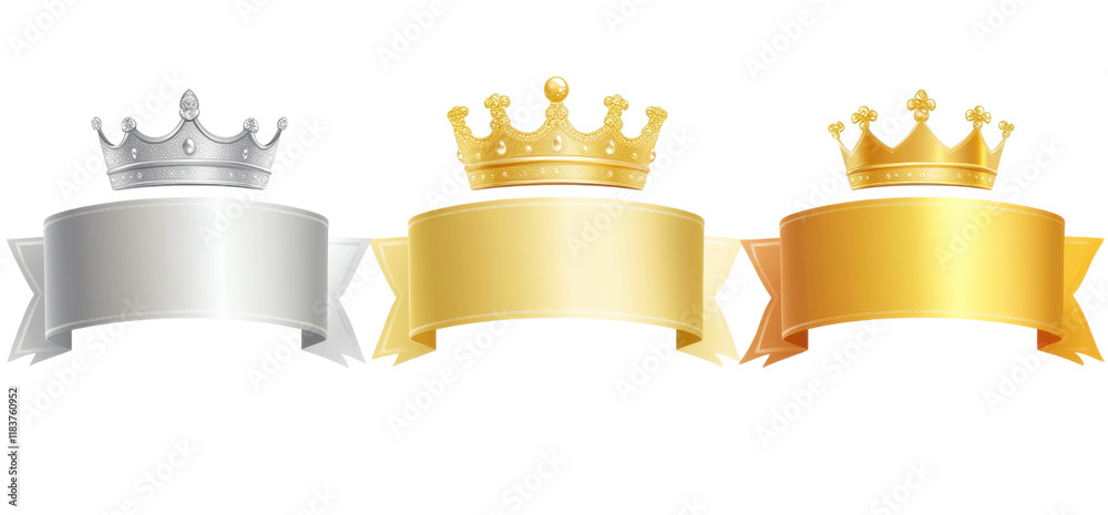 Three ornate crowns in silver, gold, and bronze are displayed above matching banners, symbolizing achievement and ranking. elegant design highlights regal and prestigious nature of awards Three ornate crowns in silver, gold, and bronze are displayed above matching banners, symbolizing achievement and ranking. elegant design highlights regal and prestigious nature of awards