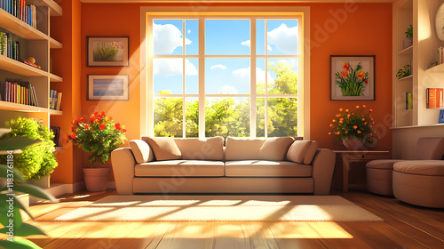Bright relaxing room interior with couch and seats  shelf and panoramic window