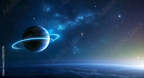 Planet with Glowing Ring over Cloudy Landscape at Night