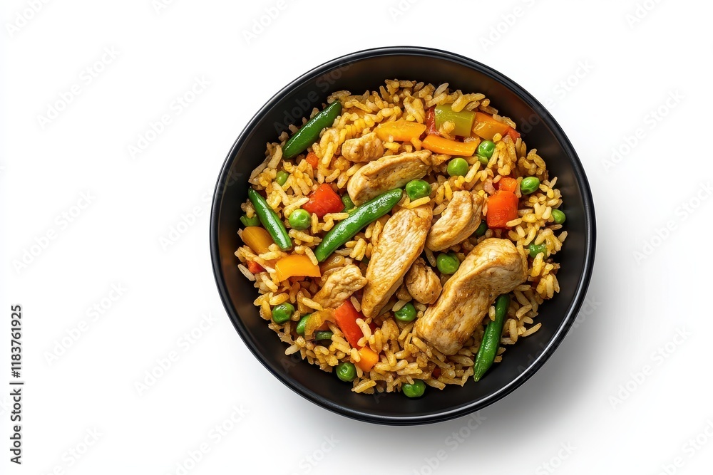 Szechuan chicken fried rice served in a black bowl against a white backdrop This Indo Chinese dish includes bell peppers green beans carrots and chicken Bird s Szechuan chicken fried rice served in a black bowl against a white backdrop This Indo Chinese dish includes bell peppers green beans carrots and chicken Bird s