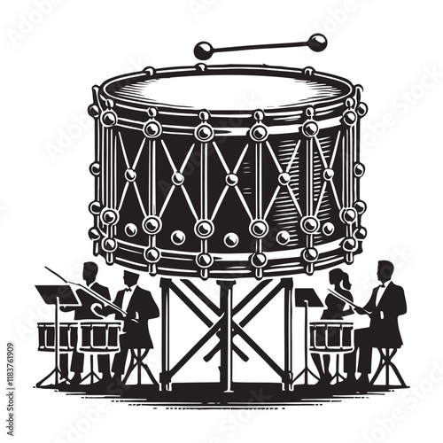 Timpani Silhouette Vector Illustration, Solid White Background.