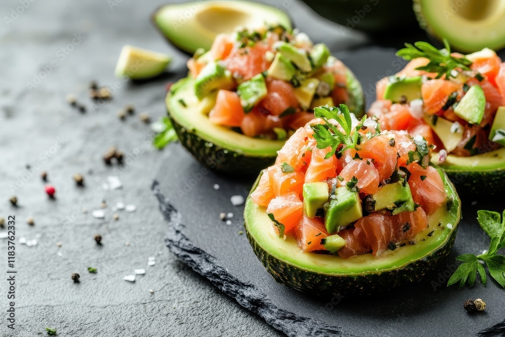 Tasty avocado and salted salmon tartare on gray surface Tasty avocado and salted salmon tartare on gray surface
