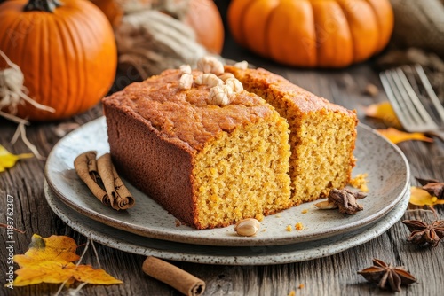 Tasty autumn pumpkin cornbread with sweet spices photo