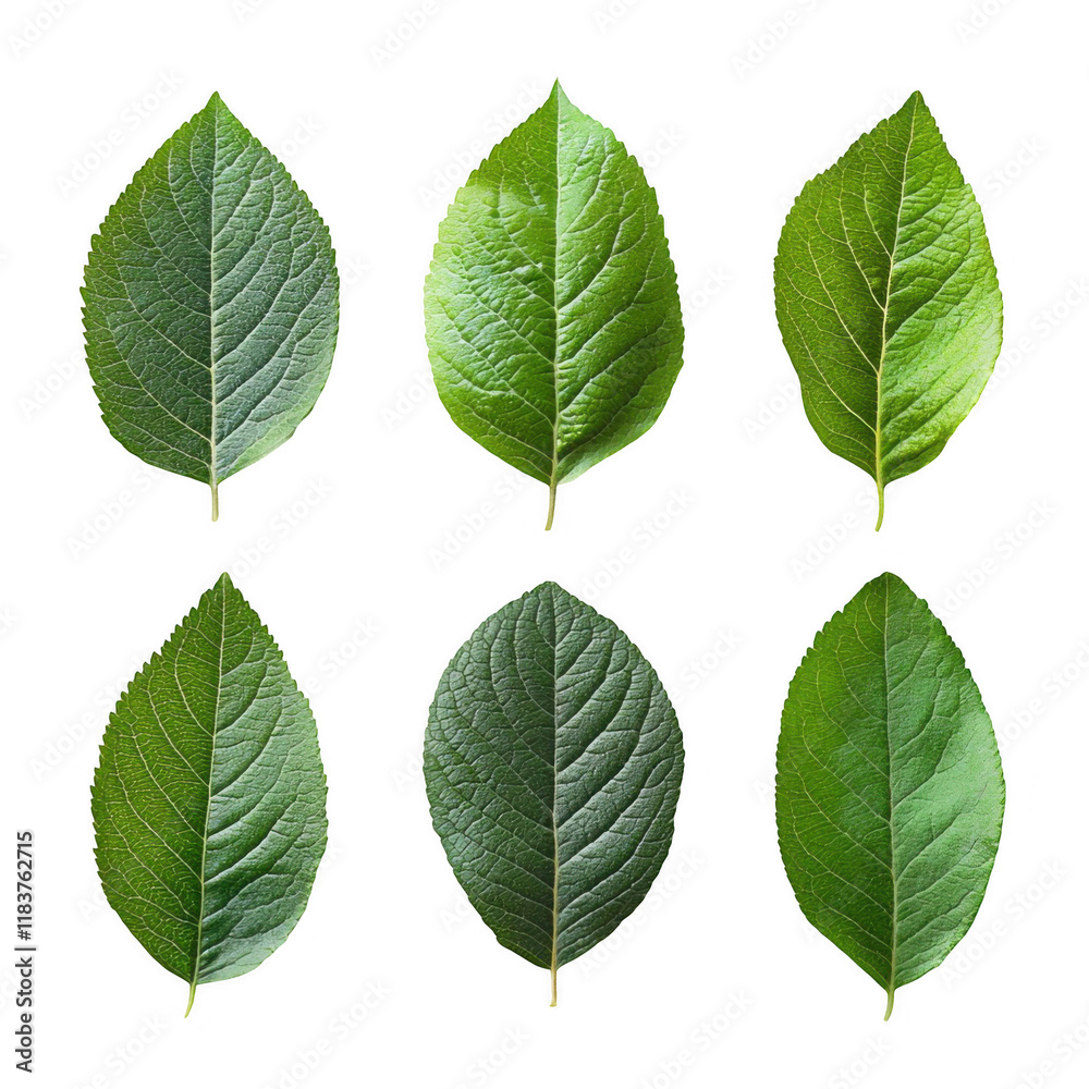 Fototapeta premium Six green leafy branches on a clean white background. Even grid layout with varied textures and veins. Natural growth and calm renewal. Ideal for eco branding, wellness packaging