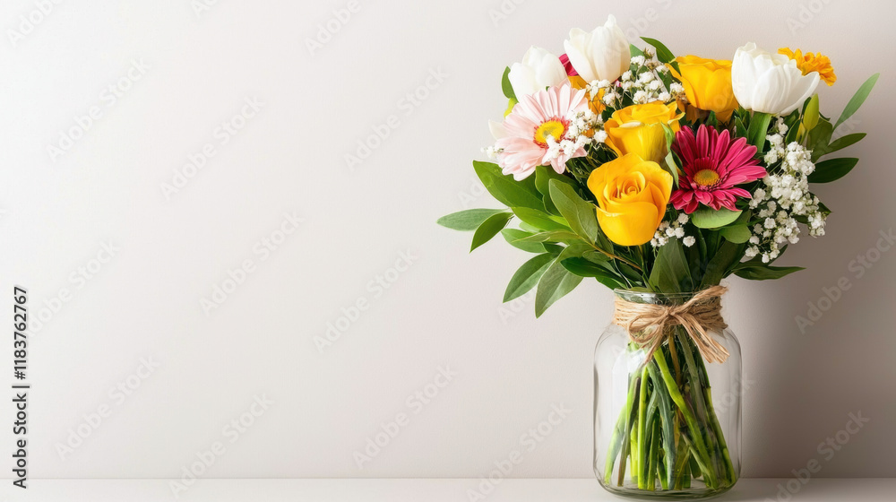Fototapeta premium vibrant bouquet of yellow roses, pink daisies, and white tulips in glass vase with rustic twine accent, set against neutral background