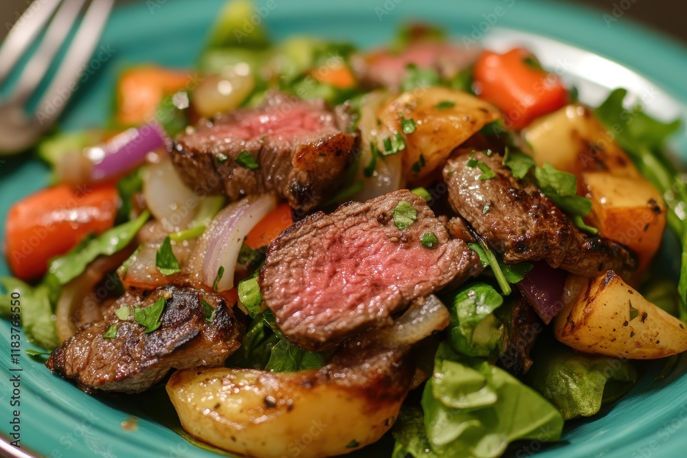 Tasty beef steak salad with roasted veggies and onion on a turquoise dish Tasty beef steak salad with roasted veggies and onion on a turquoise dish