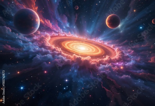 Galaxy with Swirling Nebula and Planets in Deep Space