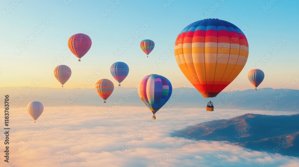 Colorful Hot Air Balloons Soaring Above a Misty Mountain Landscape at Sunrise Colorful Hot Air Balloons Soaring Above a Misty Mountain Landscape at Sunrise