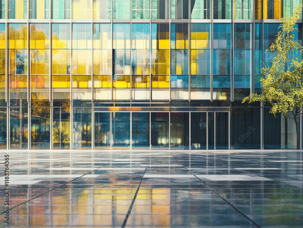 Obraz premium Intricate modernist building facade with detailed reflections and overlays.