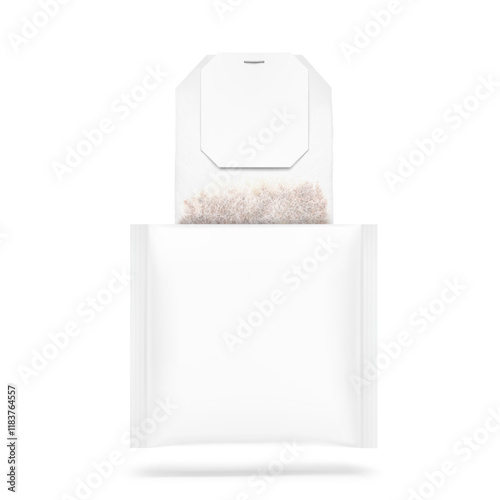 Realistic open tea sachet mockup set. Front view. Vector illustration isolated on white background. Ready for your design. EPS10.