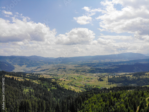 Aerial view with mountain landscape in Romania at Vatra Dornei photo