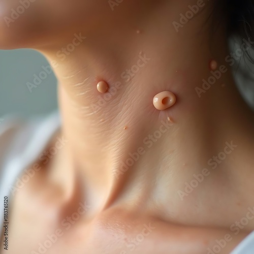 Close-up view of skin lesions on a person's neck.  Medical image showing various skin conditions. photo