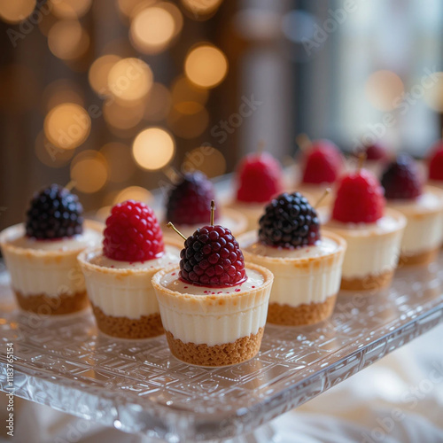 Delicious Mini Cheesecakes with Berries on a Elegant Tray