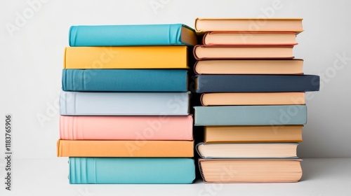 Wallpaper Mural Stacked colorful books on a white background, perfect for educational, literary, or creative projects, illustrating knowledge, reading culture, and home decor, Torontodigital.ca