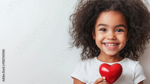 Portrait of a cheerful girl with curly hair styled loosely, standing on a plain white background, holding a shiny red heart-shaped object near her face and beaming with a wide smil photo