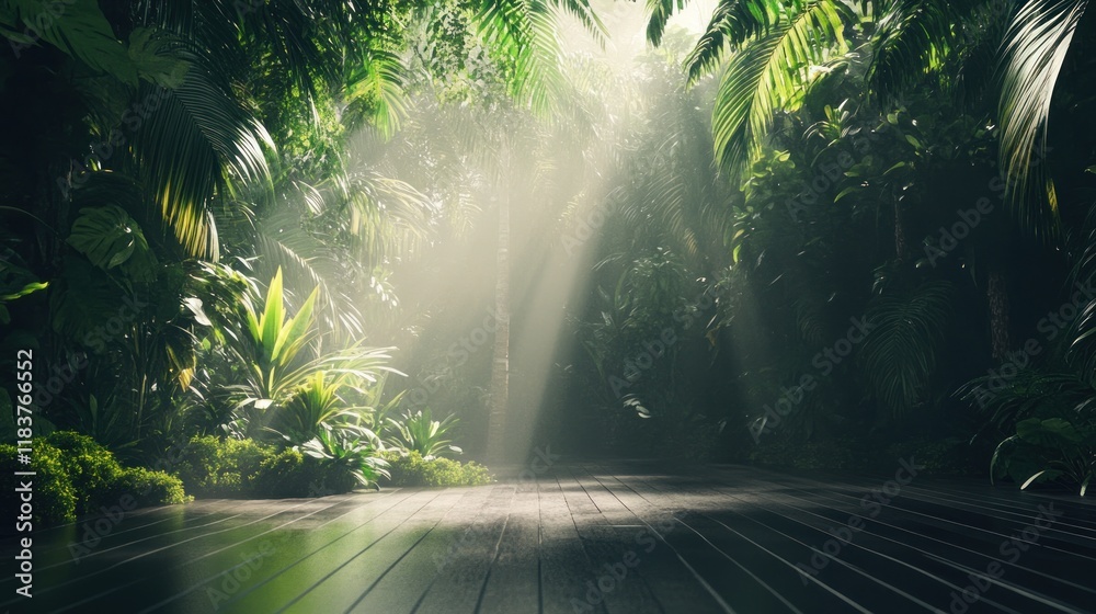 Sunbeams Illuminating a Lush Tropical Jungle Path Sunbeams Illuminating a Lush Tropical Jungle Path