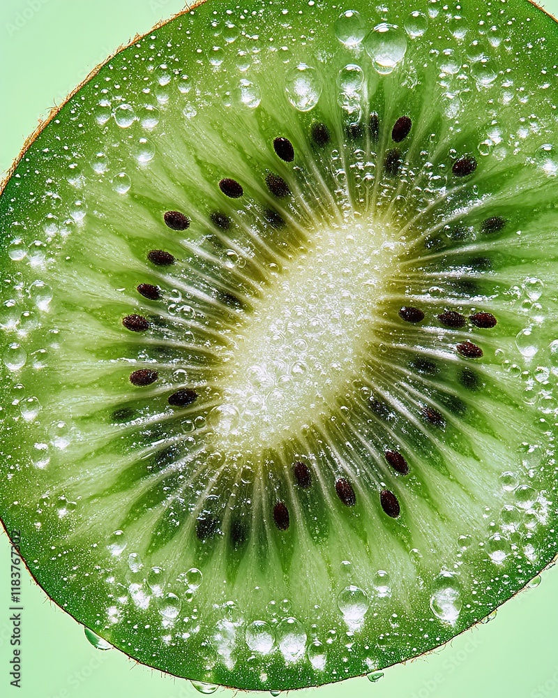 Fresh Sliced Kiwi with Water Droplets on Light Green Background Fresh Sliced Kiwi with Water Droplets on Light Green Background