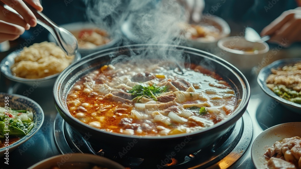 An inviting shot of a family enjoying a meal together, with a steaming bowl of tom yum goong in the center, illustrating the joy of sharing this beloved dish. An inviting shot of a family enjoying a meal together, with a steaming bowl of tom yum goong in the center, illustrating the joy of sharing this beloved dish.