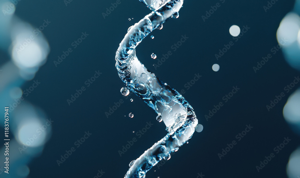 Dynamic Close-Up of Water Spiral Against Deep Blue Background with Bokeh Effect