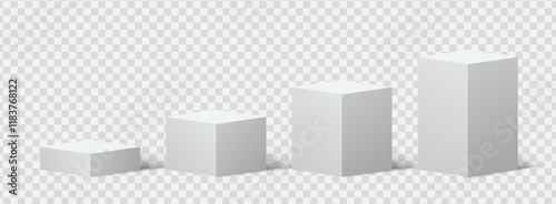 Realistic white rectangular podiums of different heights. 3d podium vector design