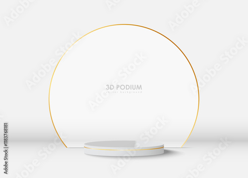 Realistic white 3D cylindrical podium background with floating overlap circles gold lines. Minimalist mockup pedestal, abstract product display presentation, Stage showcase. Platforms vector design.
