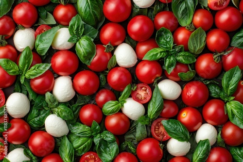 Tasty Italian caprese salad featuring ripe tomatoes fresh basil and mozzarella Overhead view