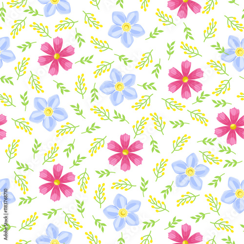 Floral seamless pattern with pink cosmo flowers and blue daisies and green leaves. Botany.