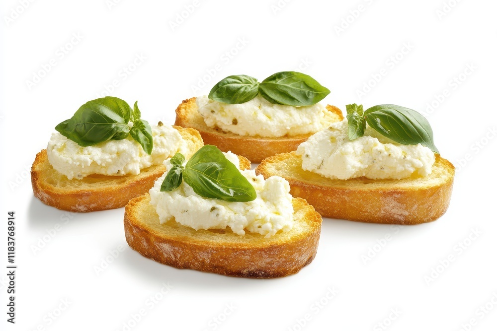 Tasty ricotta and basil bruschettas on a white background Tasty ricotta and basil bruschettas on a white background