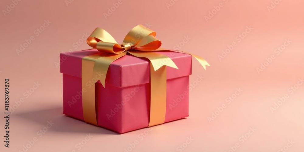 Obraz premium A Pink Gift Box with a Golden Ribbon Bow on a Pale Background