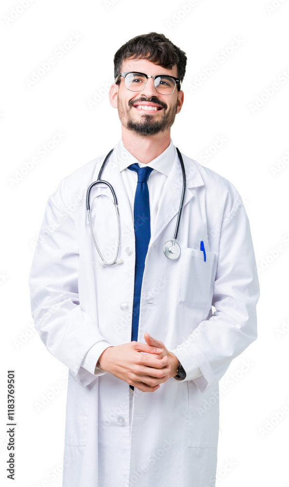 Young doctor man wearing hospital coat over isolated background Hands together and fingers crossed smiling relaxed and cheerful. Success and optimistic Young doctor man wearing hospital coat over isolated background Hands together and fingers crossed smiling relaxed and cheerful. Success and optimistic