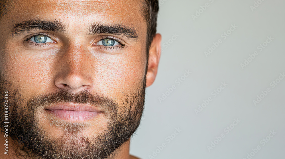 Naklejka premium striking portrait of man with captivating blue eyes and strong jawline