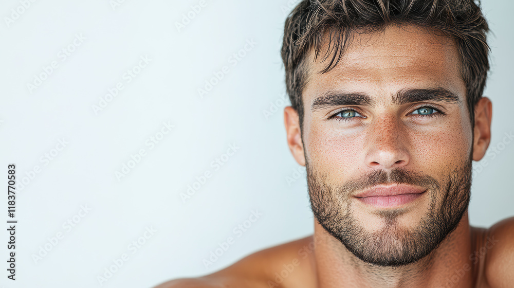 Confident man with blue eyes and charming smile against light background
