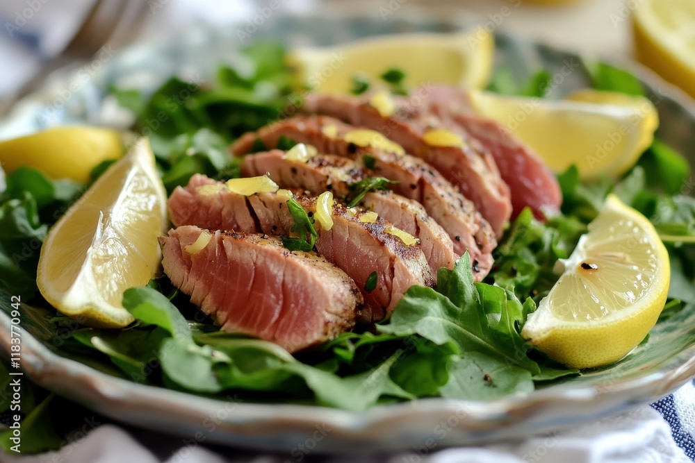 Thinly cut seared tuna lies on fresh greens adorned with lemon wedges creating an appealing dish ideal for a light meal or event Thinly cut seared tuna lies on fresh greens adorned with lemon wedges creating an appealing dish ideal for a light meal or event