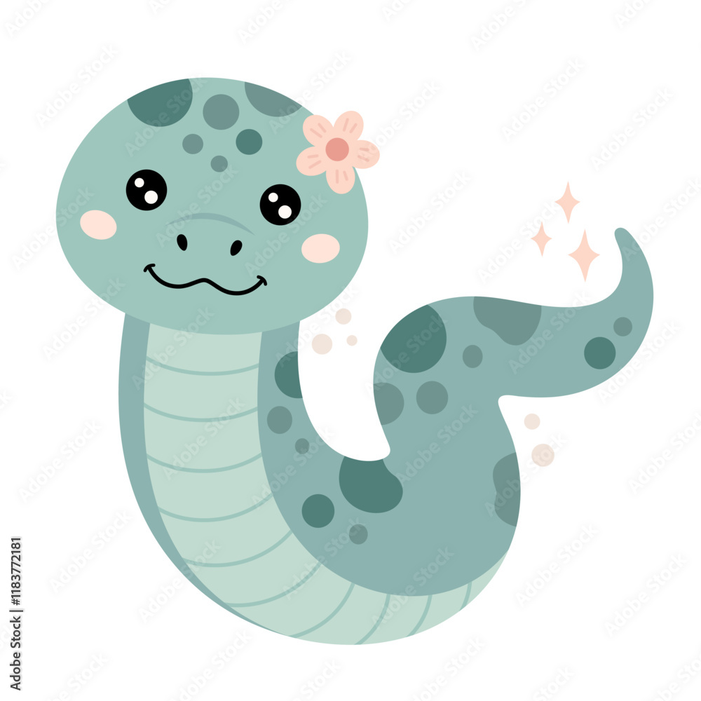 Fototapeta premium Cute snake clipart. Snake girl in cartoon flat style. Year of the snake. Chinese zodiac. Hand drawn vector illustration.