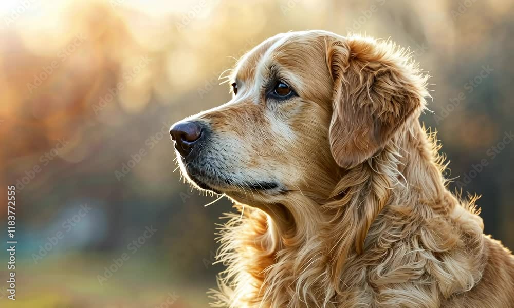 Golden retriever dog gazing to side in warm sunlight Golden retriever dog gazing to side in warm sunlight