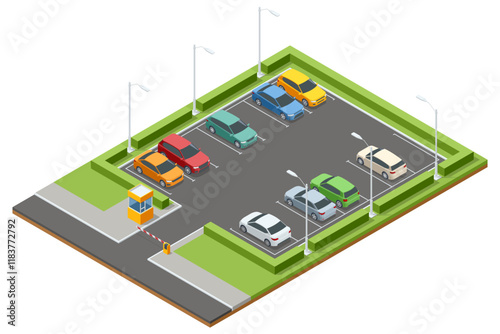 Secure gated parking lot isometric design with lush green hedges and vibrant vehicles. Features an entrance booth and lighting setup