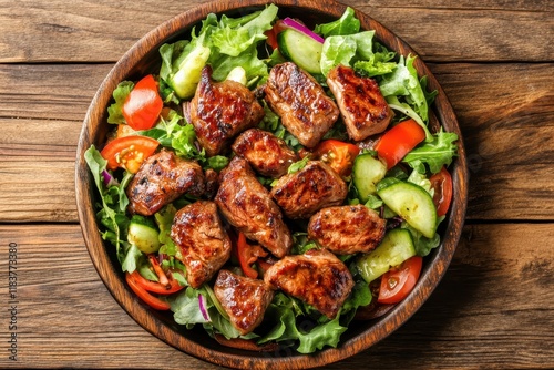 Top view of a plate with BBQ grilled rump steak and vegetable salad on a wooden surface photo