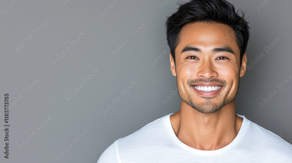 smiling man with dark hair wearing white shirt against gray background smiling man with dark hair wearing white shirt against gray background