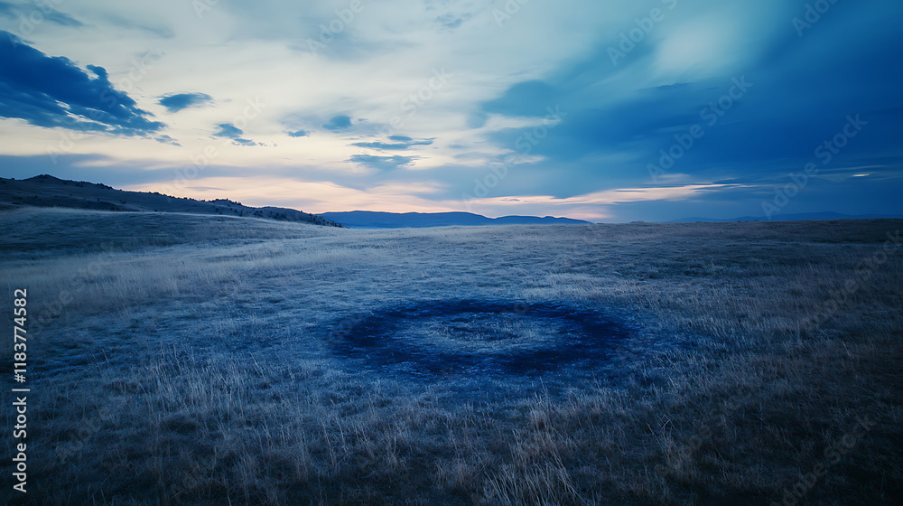 Obraz premium Mysterious UFO landing circle in frosty grass field at dusk with blue tones