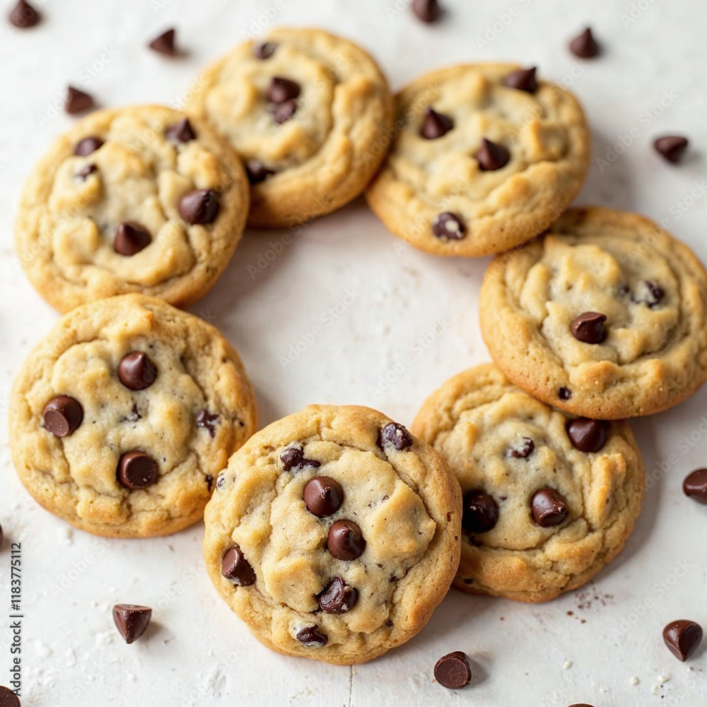 A plate of chocolate chip cookies with a white background. The cookies are arranged in a circle and there are a few extra cookies on the side A plate of chocolate chip cookies with a white background. The cookies are arranged in a circle and there are a few extra cookies on the side