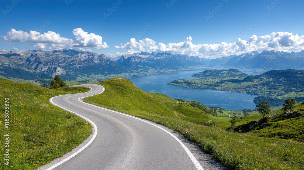 Fototapeta premium Winding mountain road with stunning lake and mountain views under blue sky