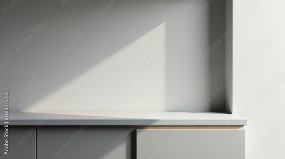 Fototapeta premium Minimalist grey countertop with sunlight shadows on a neutral wall