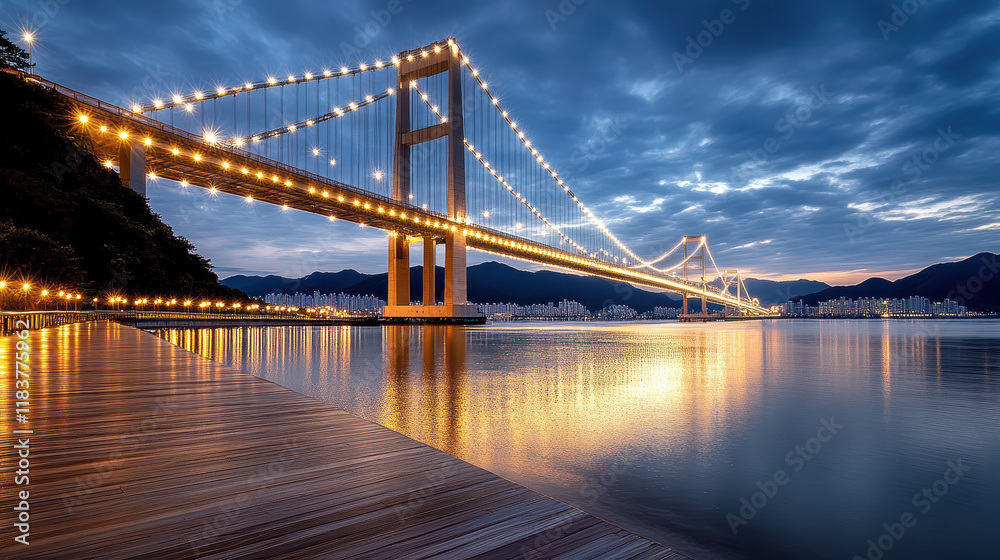 Fototapeta premium Stunning view of Busan Bridge illuminated at night, reflecting on water