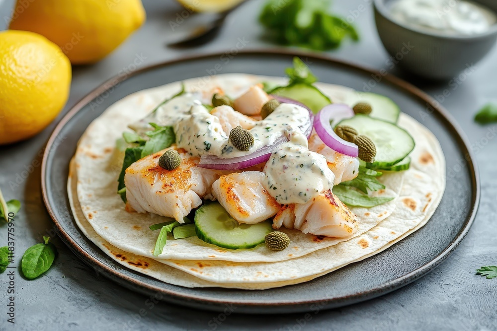 Tortilla with fresh fish cucumber red onion capers lemon greens and tartar sauce Nutritious meal Tortilla with fresh fish cucumber red onion capers lemon greens and tartar sauce Nutritious meal