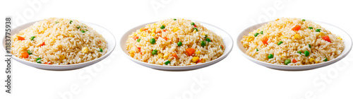 Three plates of fried rice with vegetables, side view isolated on a transparent background photo
